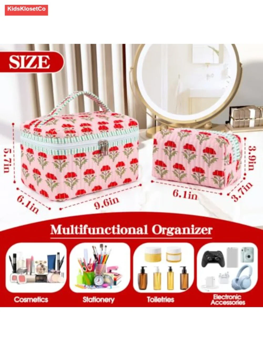 Quilted Makeup Bag Set, Floral Travel Cosmetic Pouch, 2 Piece Cosmetic Case